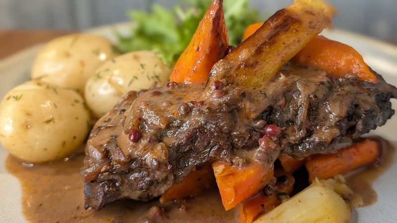 Alex Petit's low & slow beef feather blade steak with pink peppercorn sauce