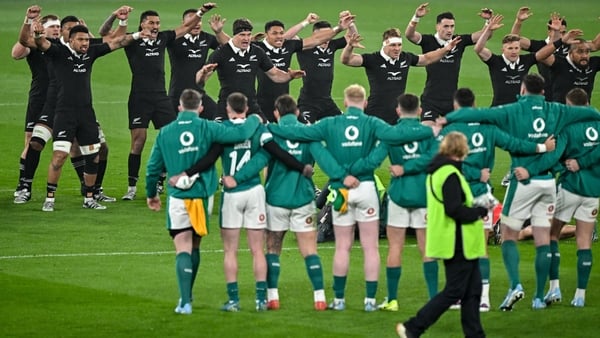 8 November 2024; New Zealand players perform the Haka before the Autumn Nations Series match between Ireland and New Zealand at the Aviva Stadium in Dublin. Photo by Sam Barnes/Sportsfile