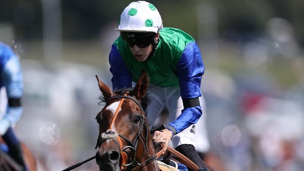 EPSOM, ENGLAND - AUGUST 15: Gascony ridden by Tommie Jakes (green spotted cap) wins Betfred Nifty 50 Nursery race at Epsom Downs Racecourse on August 15, 2025 in Epsom, England.