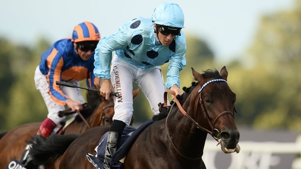 Dublin , Ireland - 10 September 2016; Almazor, with Christophe Soumillon up, left, on their way to winning the QIPCO Irish Champion Stakes, ahead of Found with Frankie Dettori up, at Leopardstown Racecourse in Dublin. (Photo By Sam Barnes/Sportsfile via Getty Images)