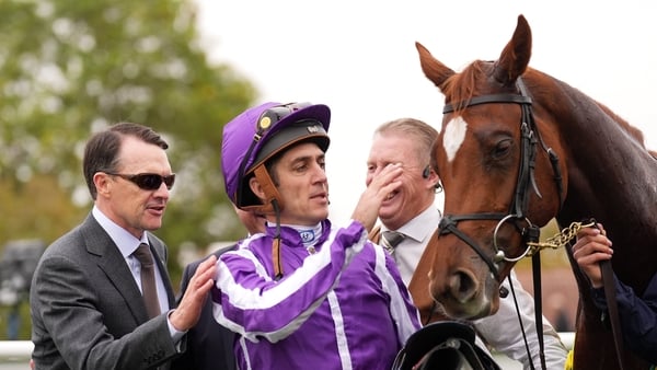 Christophe Soumillon (centre) with horse Precise and Trainer Aidan O'Brien (left) after winning the bet365 Fillies' Mile during Dubai Future Champions Festival Friday at Newmarket Racecourse on October 10, 2025.