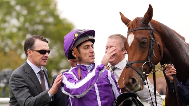 Christophe Soumillon (centre) with horse Precise and Trainer Aidan O'Brien (left) after winning the bet365 Fillies' Mile during Dubai Future Champions Festival Friday at Newmarket Racecourse on October 10, 2025.