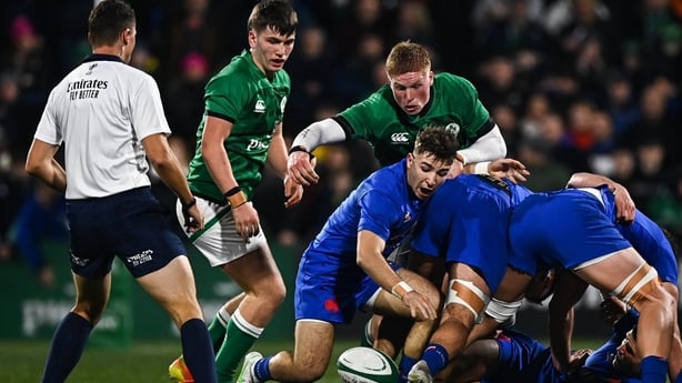 10 February 2023; Léo Carbonneau of France is tackled by Paddy McCarthy of Ireland during the U20 Six Nations Rugby Championship match between Ireland and France at Musgrave Park in Cork. Photo by Eóin Noonan/Sportsfile