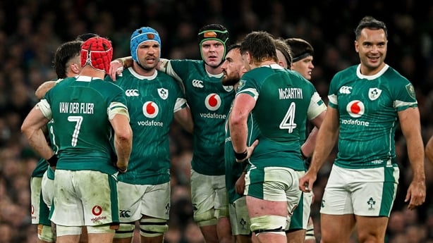 8 November 2024; Ireland players, including Tadhg Beirne, James Ryan and James Lowe, during the Autumn Nations Series match between Ireland and New Zealand at the Aviva Stadium in Dublin. Photo by Seb Daly/Sportsfile