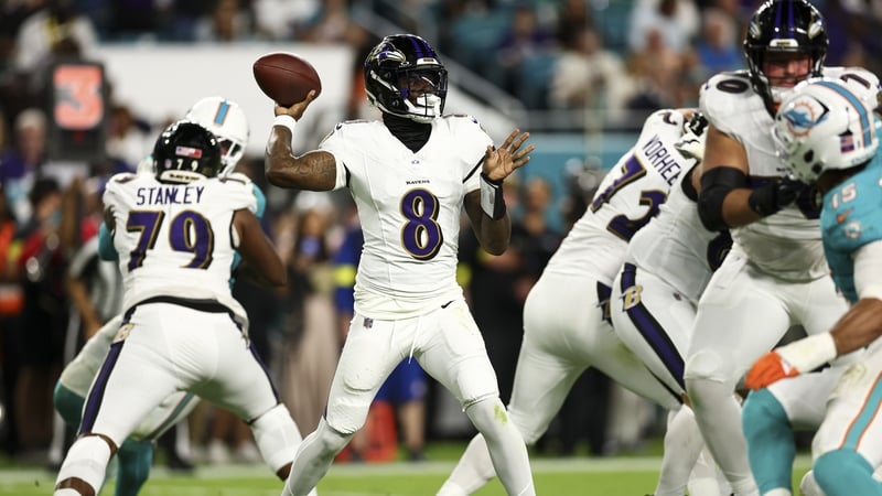 Baltimore Ravens quarterback Lamar Jackson throws a pass in the win over Miami