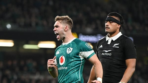Jack Crowley of Ireland reacts during the Autumn Nations Series match between Ireland and New Zealand at the Aviva Stadium in Dublin.