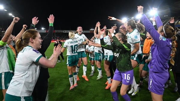 28 October 2025; Republic of Ireland players celebrate after the UEFA Women's Nations League A/B promotion/relegation play-off second leg match between Belgium and Republic of Ireland at The King Power At Den Dreef Stadium in Leuven, Belgium. Photo by Ste