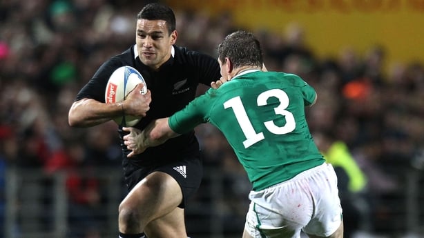 Tamati Ellison of New Zealand is tackled by Ireland captain Brian ODriscoll during their third and final rugby union Test match at Waikato Stadium in Hamilton on June 23, 2012. New Zealand beat Ireland 60-0 for a clean-sweep of the series. AFP PHOTO / MARTY MELVILLE (Photo credit should read Mart