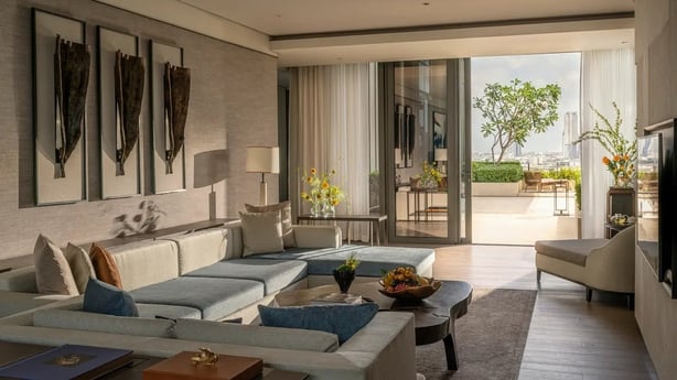 One of the room's seating areas