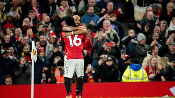 MANCHESTER, ENGLAND - OCTOBER 25: Bryan Mbeumo of Manchester United celebrates scoring his teams third goal with teammate Amad Diallo of Manchester United during the Premier League match between Manchester United and Brighton & Hove Albion at Old Trafford on October 25, 2025 in Manchester, England.