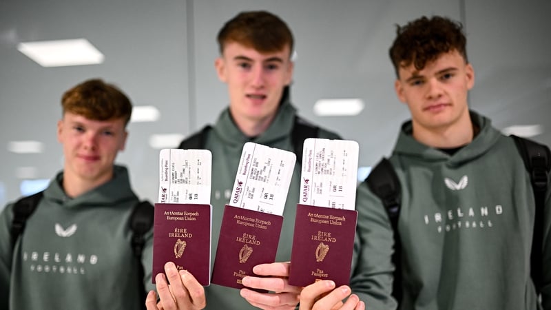 Ireland trio Brody Lee, Alex Noonan and Corey Cummins-Sheridan at Dublin Airport ahead their flight to Qatar on Friday