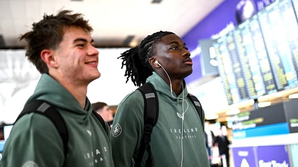 Republic of Ireland players Jaden Umeh, right, and Grady McDonnell at Dublin Airport ahead of the Republic of Ireland U17s flight to Qatar for the FIFA Under-17 World Cup 2025.