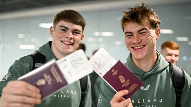 Republic of Ireland players Grady McDonnell, right, and Vinny Leonard at Dublin Airport ahead of the Republic of Ireland U17s flight to Qatar for the FIFA Under-17 World Cup 2025.