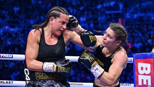 Katie Taylor, right, and Chantelle Cameron during their undisputed super lightweight championship fight at the 3Arena in Dublin.