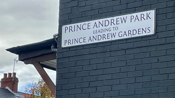 A street sign for Prince Andrew Park and Prince Andrew Gardens in south Belfast, Northern Ireland