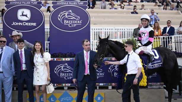 Balantina ridden by Oisin Murphy after winning the 2025 Breeders' Cup Juvenile Fillies Turf race