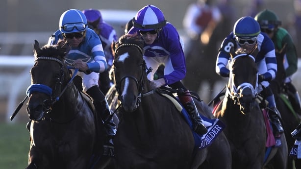 DEL MAR, CALIFORNIA - OCTOBER 31: Gstaad ridden by Christophe Soumillon #14 races in the Breeders' Cup Juvenile Turf race on day one of the 2025 Breeders' Cup World Championships at Del Mar Race Track on October 31, 2025 in Del Mar, California. (Photo by Orlando Ramirez/Getty Images)