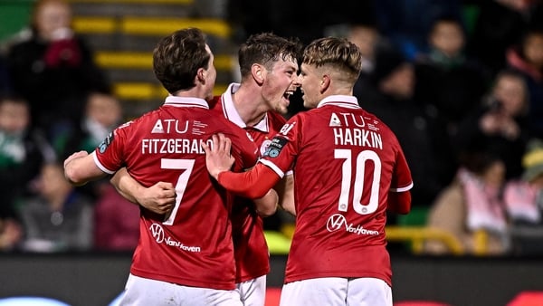 1 November 2025; Ollie Denham of Sligo Rovers, centre, celebrates with teammates Will Fitzgerald, left, and Ciaron Harkin after scoring their side's first goal during the SSE Airtricity Men's Premier Division match between Shamrock Rovers and Sligo Rovers