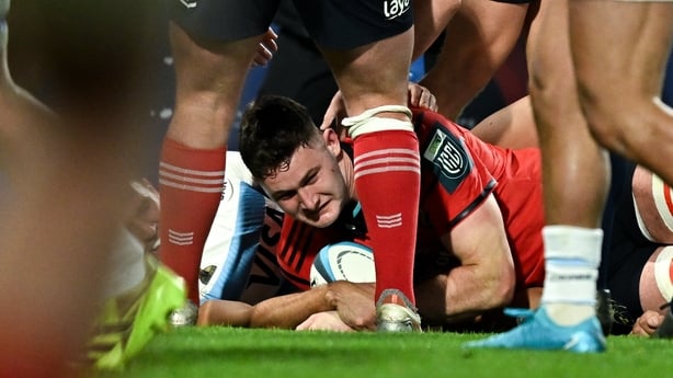 1 November 2025; Evan O'Connell of Munster scores his side's first try during the tour match between Munster and Argentina XV at Thomond Park in Limerick. Photo by Sam Barnes/Sportsfile