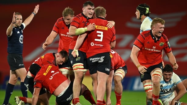 1 November 2025; Munster players celebrate winning a penalty during the tour match between Munster and Argentina XV at Thomond Park in Limerick. Photo by Sam Barnes/Sportsfile