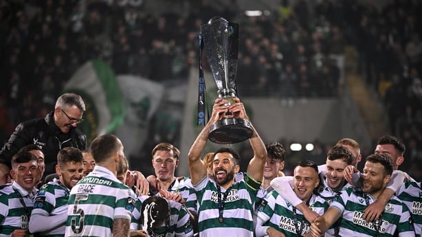 Roberto Lopes of Shamrock Rovers lifts the SSE Airtricity Men's Premier Division trophy after the SSE Airtricity Men's Premier Division match between Shamrock Rovers and Sligo Rovers at Tallaght Stadium in Dublin.