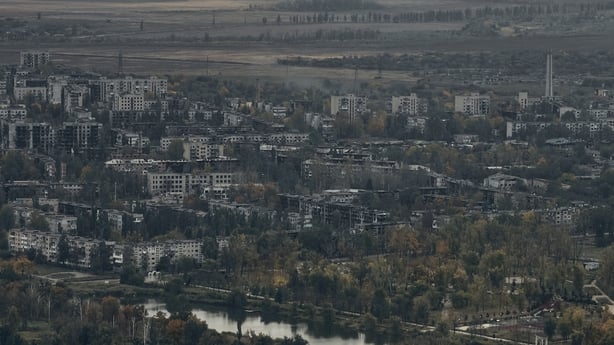 POKROVSK, UKRAINE - OCTOBER 7: A general aerial view shows the destroyed city covered in morning fog, following months of intense fighting near the front line, on October 7, 2025 in Pokrovsk, Ukraine. Flying drones over the area is extremely difficult due to widespread use of electronic warfare syst