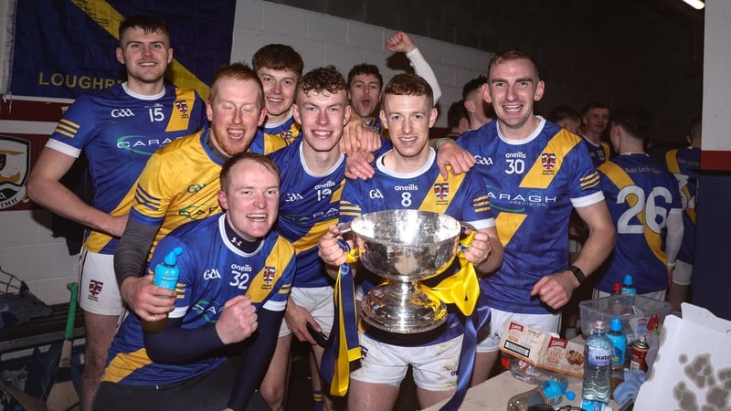 Loughrea players, including captain Ian Hanrahan, centre, celebrate with the Tom Callinan Cup