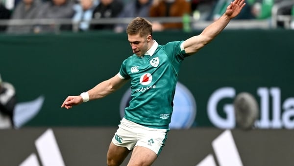 1 November 2025; Jack Crowley of Ireland kicks a penalty during the Gallagher Cup match between Ireland and New Zealand at Soldier Field in Chicago, USA. Photo by Ramsey Cardy/Sportsfile