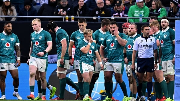 1 November 2025; Ireland players reacts after Cam Roigard of New Zealand, not pictured, scores their side's fourth try during the Gallagher Cup match between Ireland and New Zealand at Soldier Field in Chicago, USA. Photo by Ramsey Cardy/Sportsfile