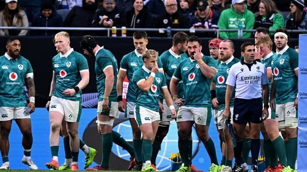 1 November 2025; Ireland players reacts after Cam Roigard of New Zealand, not pictured, scores their side's fourth try during the Gallagher Cup match between Ireland and New Zealand at Soldier Field in Chicago, USA. Photo by Ramsey Cardy/Sportsfile