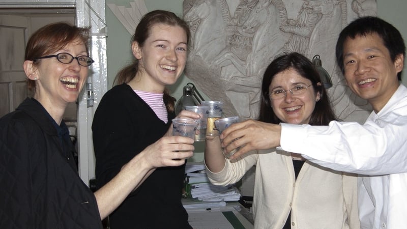(L-R) Róisín Heneghan, Edel Tobin, Alicia Perez-Gomez, Shih-Fu Peng from Heneghan Peng architects celebrating winning the competition for designing the Grand Egyptian Museum in 2003 (file image)