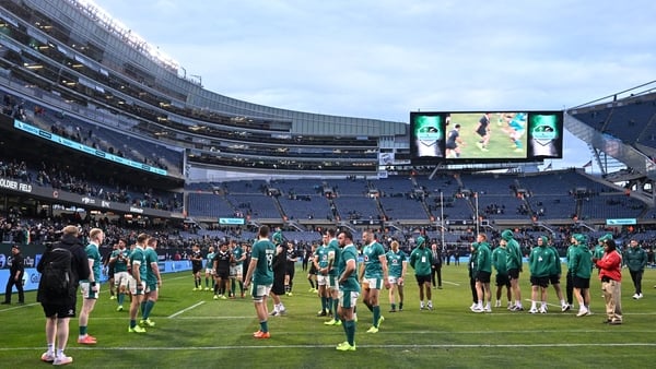 1 November 2025; Ireland players after the Gallagher Cup match between Ireland and New Zealand at Soldier Field in Chicago, USA. Photo by Ramsey Cardy/Sportsfile