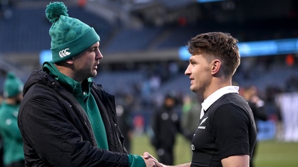 Illinois , United States - 1 November 2025; Tadhg Beirne of Ireland and Beauden Barrett of New Zealand after the Gallagher Cup match between Ireland and New Zealand at Soldier Field in Chicago, USA. (Photo By Ramsey Cardy/Sportsfile via Getty Images)