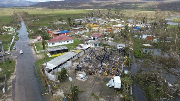 An aerial view shows damaged buildings in the aftermath of Hurricane Melissa