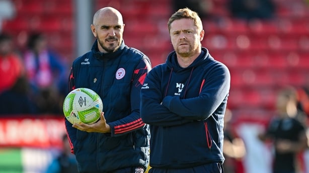 19 May 2025; Shelbourne manager Damien Duff, right, with assistant manager Joey O'Brien before the SSE Airtricity Men's Premier Division match between Shelbourne and Drogheda United at Tolka Park in Dublin. Photo by Sam Barnes/Sportsfile