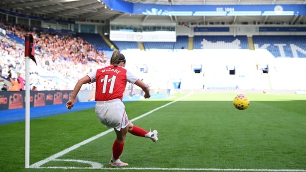 Katie McCabe of Arsenal takes a corner kick during the Barclays Women's Super League match between Leicester City and Arsenal at The King Power Stadium on November 02, 2025 in Leicester, England.
