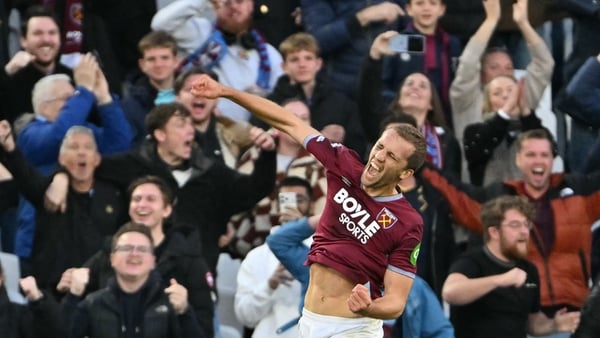 West Ham United's Czech midfielder #28 Tomas Soucek celebrates after scoring their third goal during the English Premier League football match between West Ham United and Newcastle United at the London Stadium, in London on November 2, 2025.