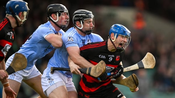 2 November 2025; Paddy Leavy of Ballygunner in action against Conor Boylan, left, and Kevin Downes of Na Piarsaigh during the AIB Munster GAA Hurling Senior Club Championship quarter-final match between Na Piarsaigh and Ballygunner at TUS Gaelic Grounds i