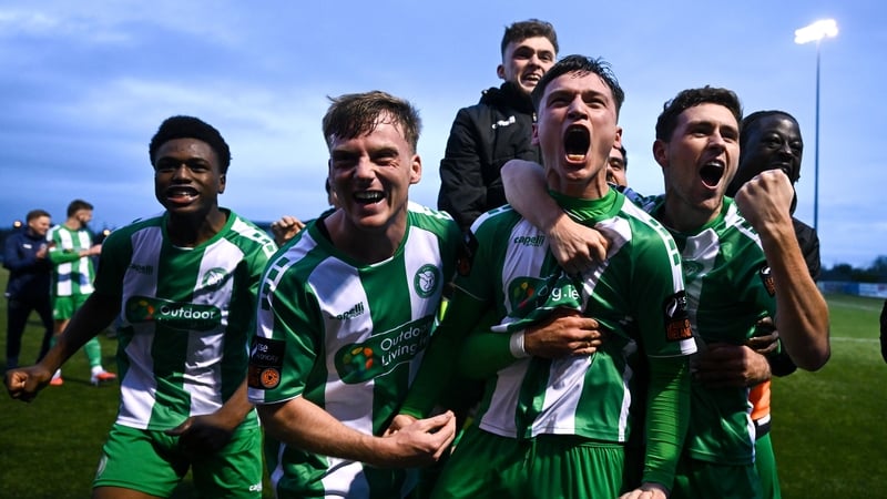Bray Wanderers goalscorer Justin Ferizaj and his teammates celebrate at full-time