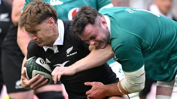 1 November 2025; Jordie Barrett of New Zealand is tackled by James Ryan of Ireland during the Gallagher Cup match between Ireland and New Zealand at Soldier Field in Chicago, USA. Photo by Ramsey Cardy/Sportsfile
