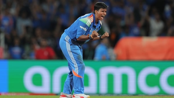 NAVI MUMBAI, INDIA - NOVEMBER 02: Deepti Sharma of India celebrates after taking the wicket of Laura Wolvaardt of South Africa during the ICC Women's Cricket World Cup India 2025 Final match between India and South Africa at Dr. DY Patil Sports Academy on