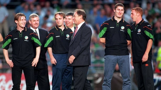Members of the Republic of Ireland Under 20 team and manager Brian Kerr, who came third in the World Cup Finals in Malaysia, are presented to the crowd at half-time of the FIFA World Cup 1998 Group 8 Qualifier between Republic of Ireland and Lithuania at Lansdowne Road in Dublin.