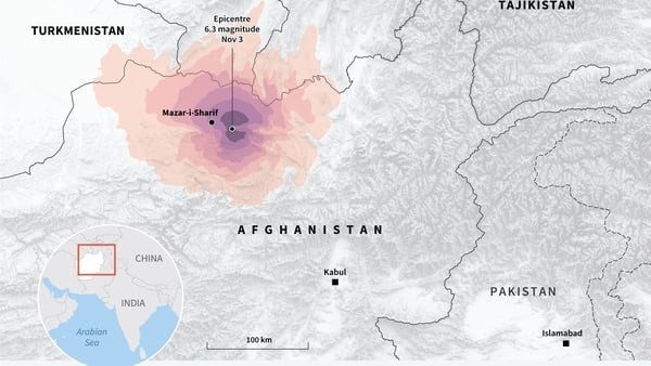 Map showing shake intensity from a 6.3-magnitude quake that struck Afghanistan early November 3