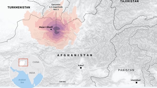 Map showing shake intensity from a 6.3-magnitude quake that struck Afghanistan early November 3