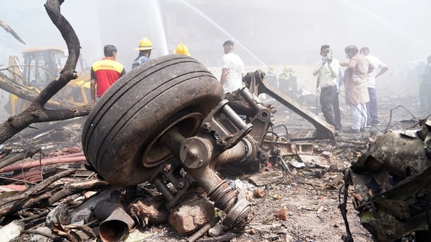Aircraft landing gear at the crash site of Air India Ltd. flight AI171 in Ahmedabad, Gujarat, India, on Thursday, June 12, 2025. An Air India Boeing 787 Dreamliner traveling from Ahmedabad to London's Gatwick airport crashed shortly after taking off, in what stands to be the most serious accident in