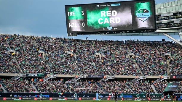 1 November 2025; A red card for Tadhg Beirne of Ireland is shown on the big screen during the Gallagher Cup match between Ireland and New Zealand at Soldier Field in Chicago, USA. Photo by Ramsey Cardy/Sportsfile