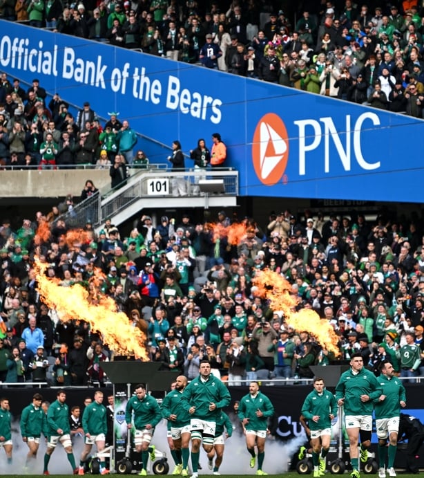1 November 2025; Dan Sheehan of Ireland leads his side onto the pitch before the Gallagher Cup match between Ireland and New Zealand at Soldier Field in Chicago, USA. Photo by Ramsey Cardy/Sportsfile