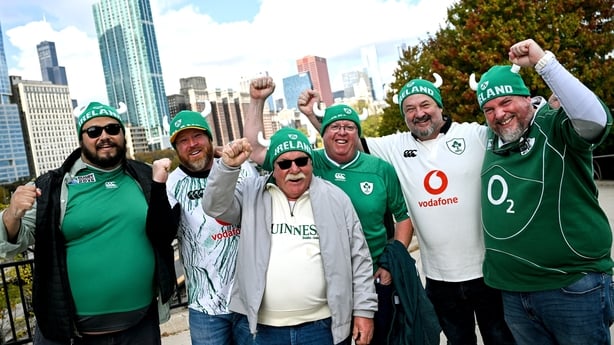1 November 2025; Ireland supporters before the Gallagher Cup match between Ireland and New Zealand at Soldier Field in Chicago, USA. Photo by Ramsey Cardy/Sportsfile