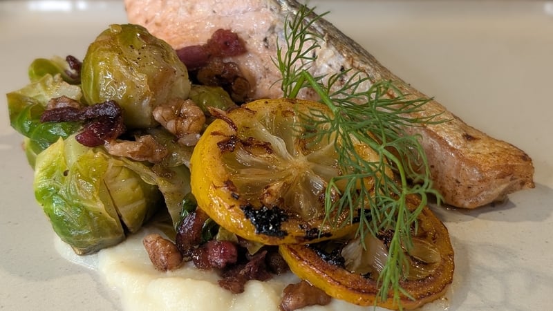 Trisha's pan-fried salmon with brown butter, Brussels, crispy pancetta