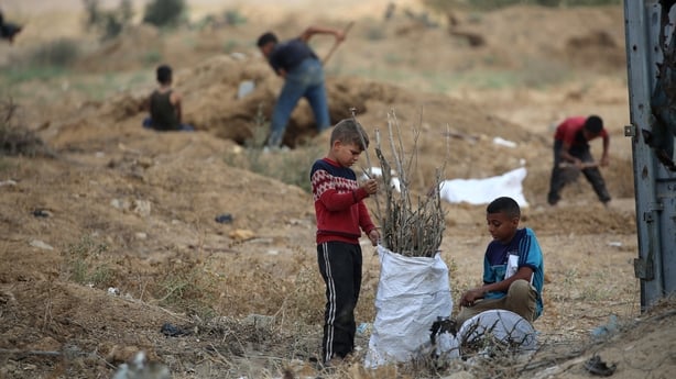 Displaced Palestinian children collect branches and twigs to use for cooking amid fuel shortage in central Gaza